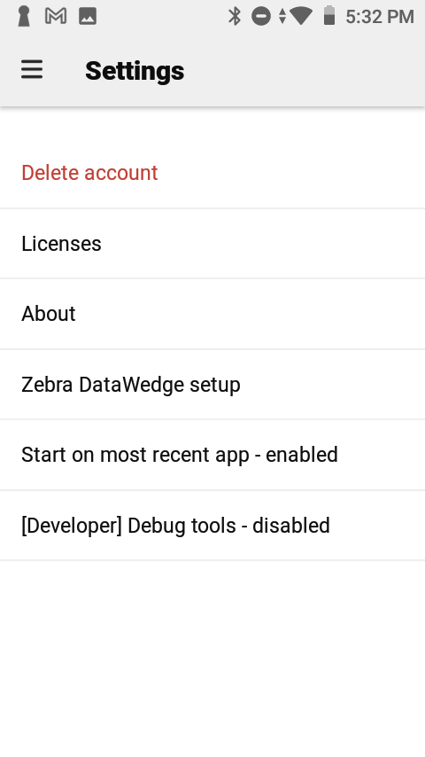 Retool Mobile settings menu, showing an option for Zebra DataWedge setup