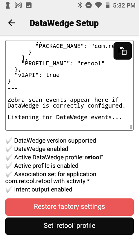 Zebra DataWedge Setup screen